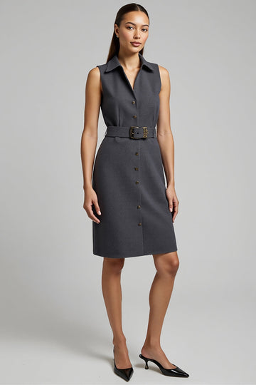 Dark Grey Bodycon Collar Neck Midi Work Dress with Belt